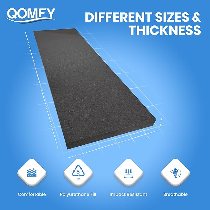 QOMFY 4" Height x 18" Width x 24" Length Charcoal Upholstery Foam Sheet | Made in USA | Multi-Purpose Foam for Upholstery, DIY, Packaging & Acoustic Projects