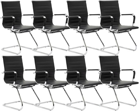 CIMOTA Waiting Room Chairs Leather Office Guest Chair Mid Back Reception Chairs with Sled Base for Meeting/Patient/Conference Room, Black Set of 8