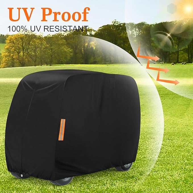 Golf Cart Cover 4 Passenger, 420D Heavy Duty Golf Cart Rain Cover with Waterproof Zipper and Reflective Strips, Universal Fits for 2+2/4 Seat Yamaha EZGO Honda Club Car