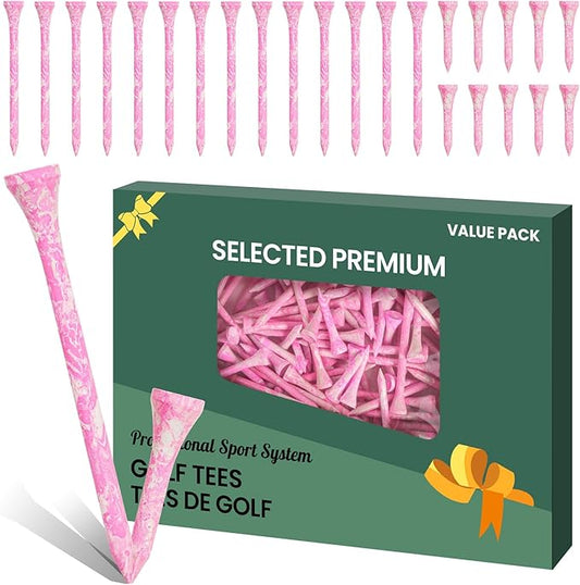 Golf Tees Styllish Bamboo Wooden Coloured Painted 50 Pack, 2 3/4 or 3 1/4 Inch Tee with 10 More Short 1 1/2 Inch Driving Range Tees, Enhanced Visibility Pink Green for Men Women