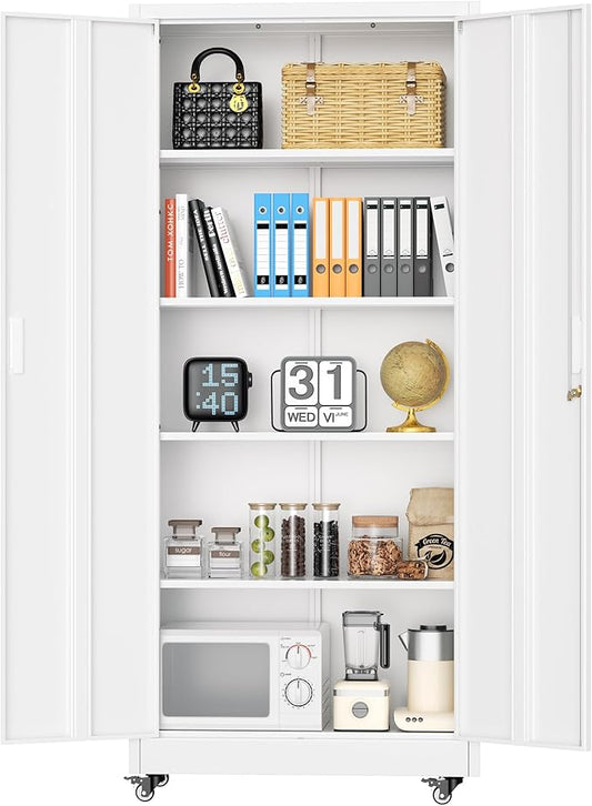 INTERGREAT Metal Storage Cabinet with Wheels, 73" H Rolling Metal Cabinets with Doors and Shelves, White Steel Lockable Cabinet on Wheels for Garage Storage