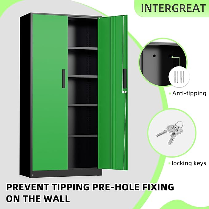 INTERGREAT Metal Storage Cabinet with Doors, 72" Locking Steel Storage Cabinet with Shelves, Tall Metal Cabinet Lockable Steel Cabinets for Home Office, Garage,(Black+Green)