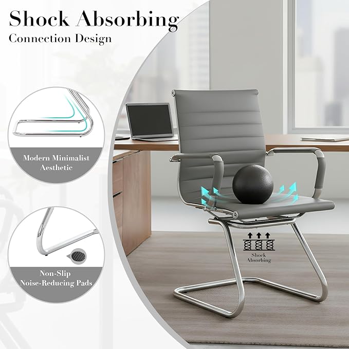 CIMOTA Waiting Room Chairs Leather Office Guest Chair Mid Back Reception Chairs with Sled Base for Meeting/Patient/Conference Room, Grey Set of 4