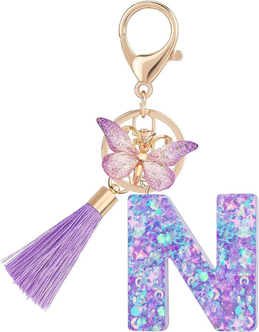 Suweibuke Colourful Cute Initial Letter Keychains for Women Girls with Tassel Butterfly, Charm for Purse Handbags Backpacks