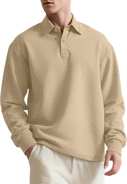 Stylish Polo Shirts for Men Textured Button Down Mock Neck Casual Tops Comfy Solid Color Long Sleeve Golf Pullover