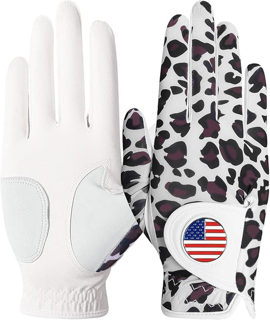 Amy Sport Womens Golf Glove with Ball Marker Rain Left Right Hand Leather Printed Pack, Ladies Golf Gloves All Weather Grip Breathable Soft Size Small Medium Large XL