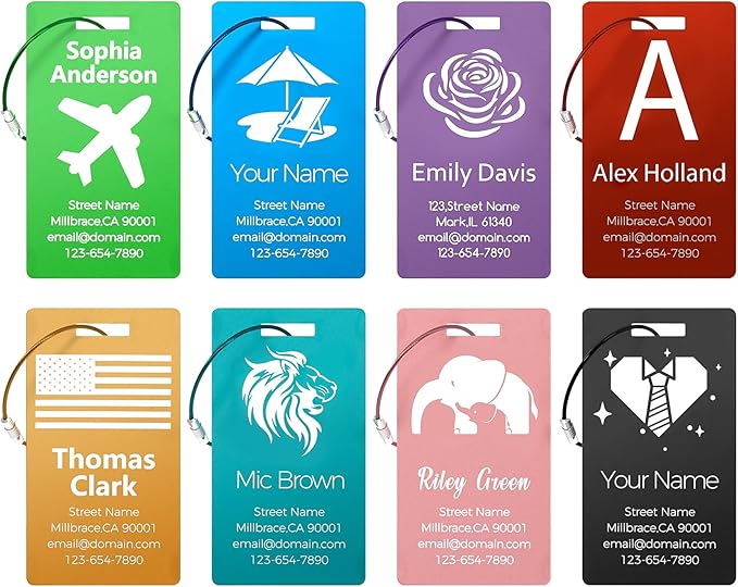 4 Pack Personalized Luggage Tags, Custom Engraved Aluminum Luggage Tags with Your Personalized Text, Waterproof Metal Name Tags With Steel Loop for Bags, Suitcase, Baggage, Backpack (Lake Blue, Large)