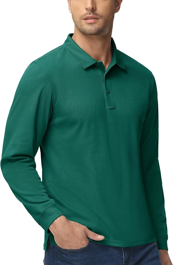 MAGCOMSEN Men's Polo Shirts 3 Button Quick Dry Performance Long Sleeve Tactical Shirts Pique Jersey Golf Shirt