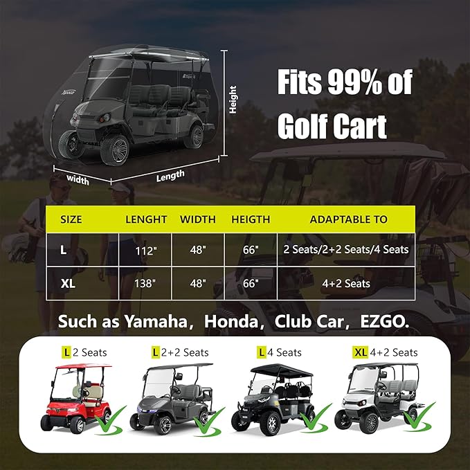 YSPACE 600D Waterproof Golf Cart Cover for 4+2 Passengers, Fits EZGO, Club Car, Yamaha, Honda, Heavy-Duty Polyester with Reflective Strips & Triple Windproof Straps
