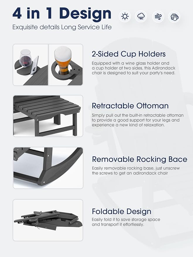 Adirondack Rocking Chair with Ottoman and Cup Holders | HDPE Porch Rocker - Image 3