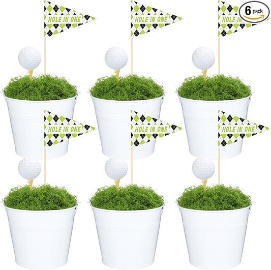 6 Set Golf Party Table Decorations Kit Party Supplies Includes Mini Golf Iron Bucket White Artificial Moss Lawn Flag Centerpiece Wooden Peg for Birthday Sport Themed Desk Rugby Favor(Round)