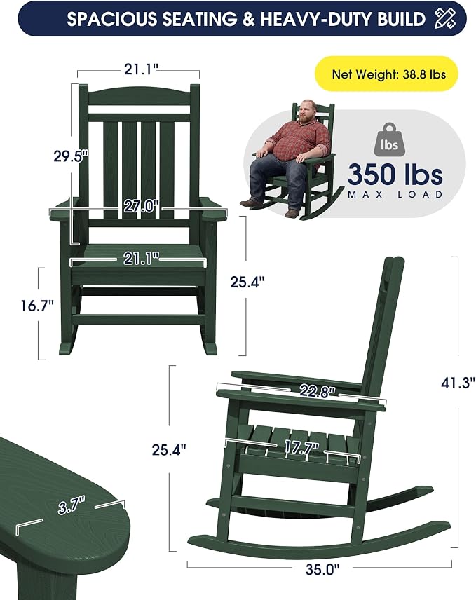 Oversized Outdoor Rocking Chairs Set of 4, HDPE Porch Rocker - Image 3
