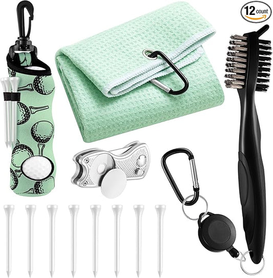 Liliful 12 Pcs Golf Accessories Kit, Include Golf Ball Bag with Hook Towel Tees Magnetic Ball Marker Divot Tool Cleaner Brush for Women Man Gifts