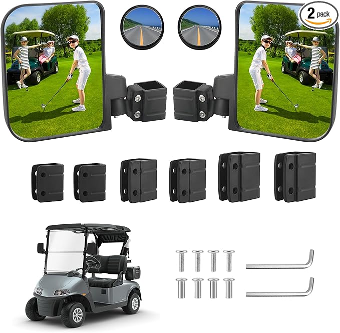 Golf Cart Side Mirrors for EZGO Club Car Yamaha, No Drilling HD-Shatterproof Golf Cart Mirrors Side View with Blind Spot Mirrors & 3 Size Clips (Fit 0.75-1.25in Square Rails)