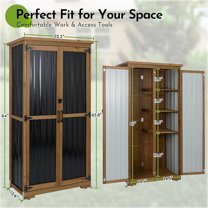 Outdoor Storage Cabinet with Shelf, Wood & Metal Storage Shed with Waterproof - Image 5