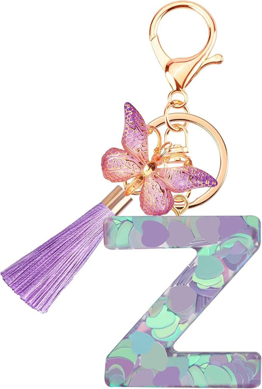 Suweibuke Colourful Cute Initial Letter Keychains for Women Girls with Tassel Butterfly, Charm for Purse Handbags Backpacks