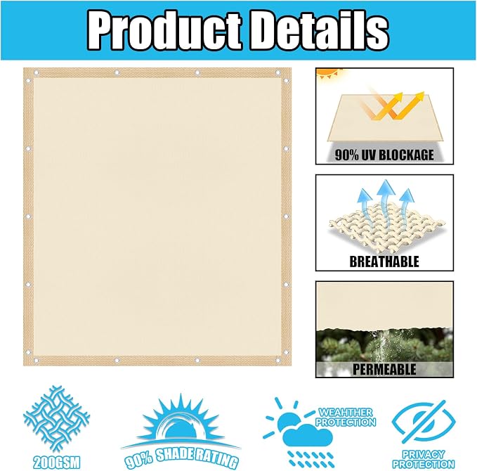 Amagenix 90% Pergola Shade Cover 8' X 8' Sun Shade Cloth - Image 3
