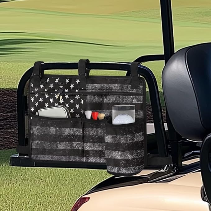American Flag Golf Cart Bag, Golf Cart Rear Seat Organizer with Open Pockets for Golf Balls & Bottles