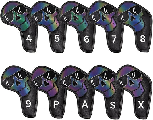 Large Skeleton Golf Club Covers, Iron Covers 10pcs/ Set, Leather Golf Iron Club Head Cover Headcover Set for Men fits Mizuno, Ping, Taylormade All Brand