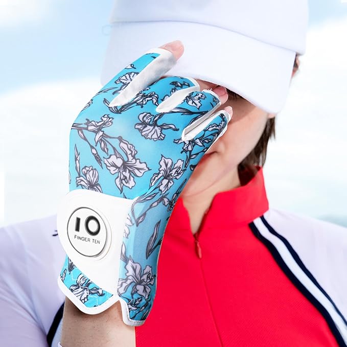 FINGER TEN Stylish Golf Gloves Women with Ball Marker 1 Pack for Left or Right Hand, Breathable Glove with Fashion Patterns for Ladies Right Left Handed Golfer
