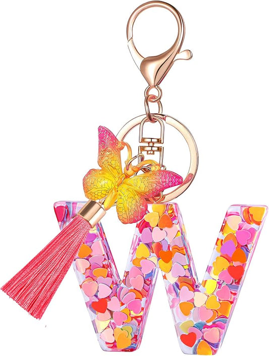 Suweibuke Colourful Cute Initial Letter Keychains for Women Girls with Tassel Butterfly, Charm for Purse Handbags Backpacks