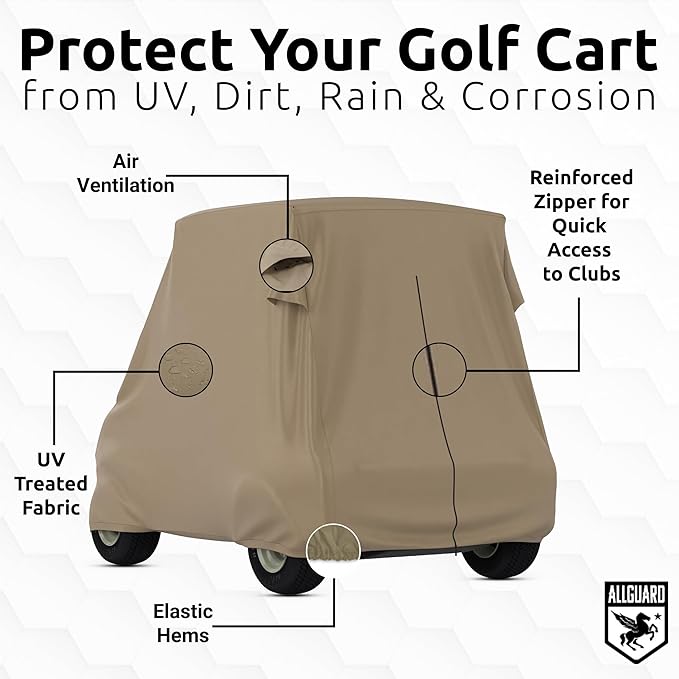 AllGuard Weatherproof Golf Cart Cover, Heavy Duty Polyester, Protects from Rain, Sun, UV & More - Tan (Fits Length: 86" - 106")