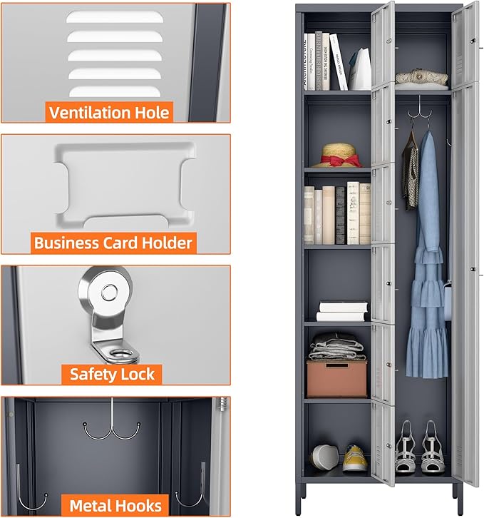 METAN Metal Locker for School Office Gym Bedroom, 8 Doors Steel Storage Locker Cabinet for Employees, Industrial Storage Locker, Assembly Required (Gray White)