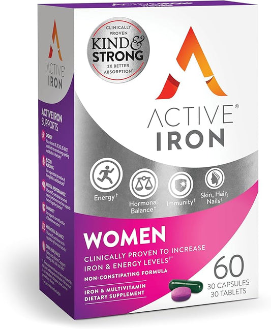 Active Iron Supplement 25mg + Multivitamin for Women – Clinically Proven to Increase Energy & Reduce Tiredness – Gentle, Non-Constipating Iron + Women’s Multivitamin – 30 Capsules + 30 Tablets