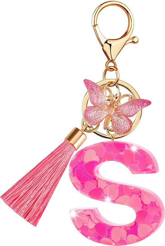 Suweibuke Colourful Cute Initial Letter Keychains for Women Girls with Tassel Butterfly, Charm for Purse Handbags Backpacks