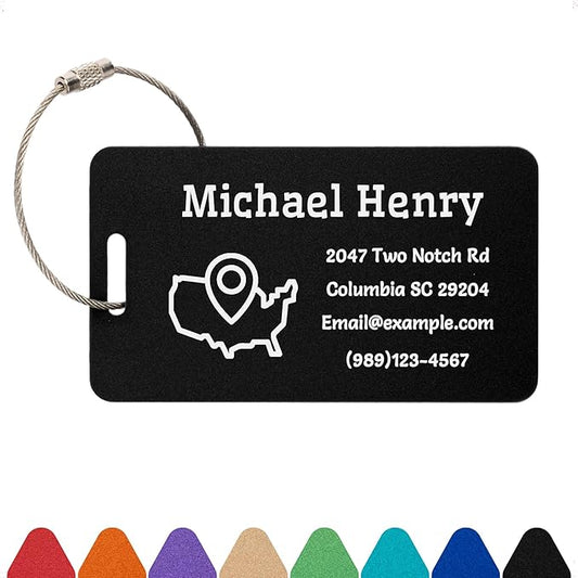 Personalized Luggage Tags for Suitcases Custom Metal Name Tags for Backpacks Bags Travel - Horizontal (Black)