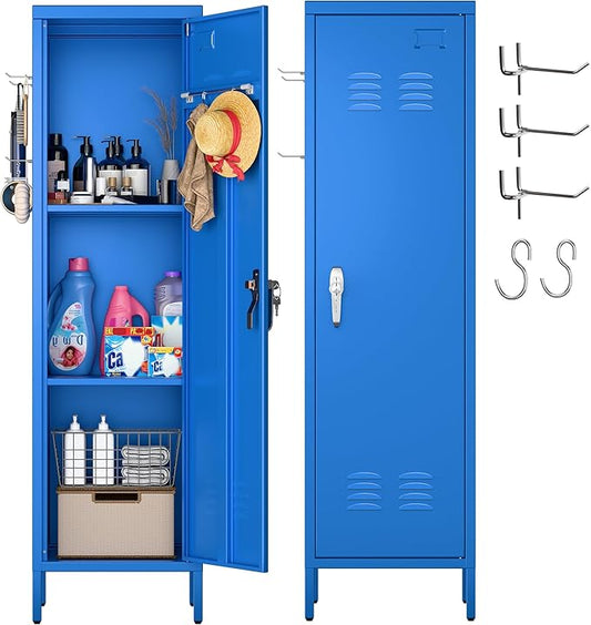 Aobabo Metal Locker, 54" H Metal Storage Locker for Employees, Lockable 1 Door with Towel Rack and 2 Side Pegboards with Hooks for School Office Gym Bedroom, Blue, Assembly Required