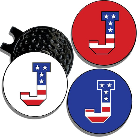 Wolf Golf Towels Golf Ball Marker Hat Clip | USA Monogram | 1 Magnetic Clip + 3 Ball Markers | Patriotic Golf Accessories for Men & Women