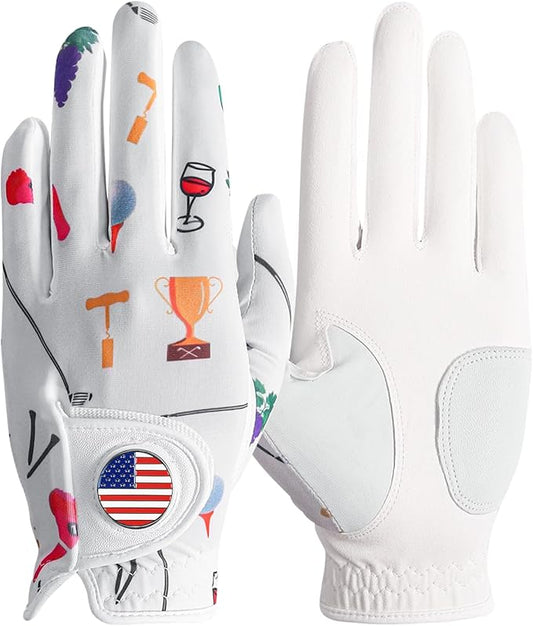 Amy Sport Womens Golf Glove with Ball Marker Rain Left Right Hand Leather Printed Pack, Ladies Golf Gloves All Weather Grip Breathable Soft Size Small Medium Large XL