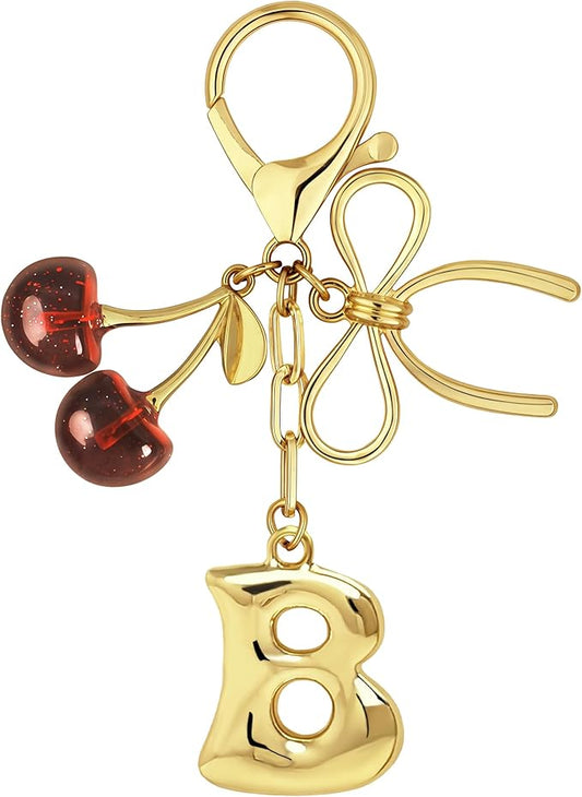 Gold Bubble Heart, Cherry, Bow & More Designs Letter Initial Keychain Bag Charms – Cute Purse Charms for Handbags
