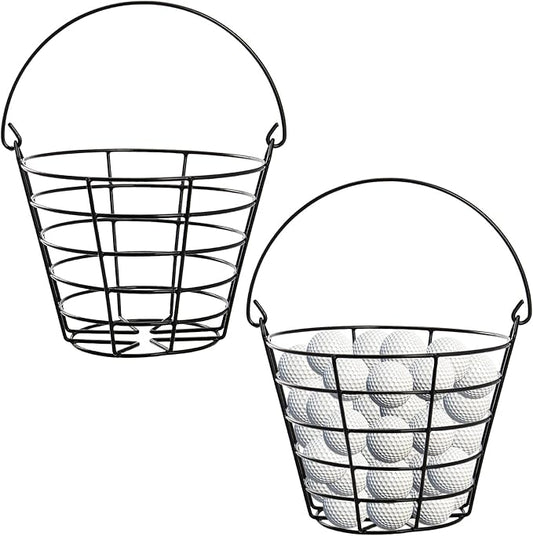 SINJEUN 2 Pack Metal Golf Ball Basket with Handle, Golf Ball Bucket, Golfball Container, 8.27 x 6.3 x 5.12 Inches, Holds 50 Balls, Black