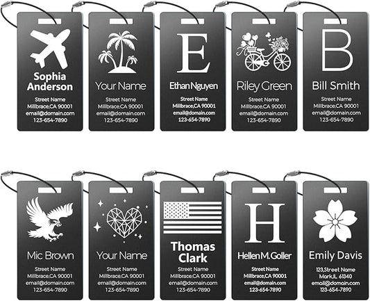Personalized Metal Luggage Tags, Custom Suitcase Aluminum Name Tags with 5.9in Steel Ring, Laser Engraved Text and Logo, for Travel Gift, Baggage, Golf Bag (Black)