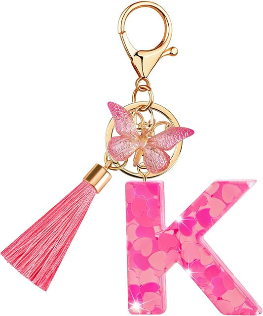 Suweibuke Colourful Cute Initial Letter Keychains for Women Girls with Tassel Butterfly, Charm for Purse Handbags Backpacks