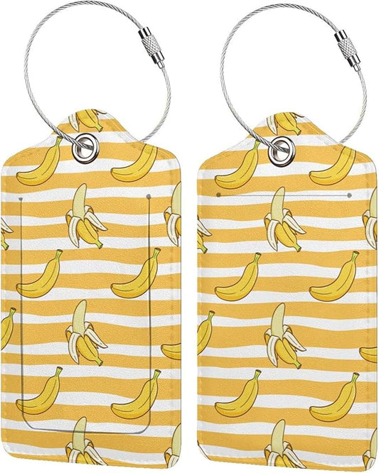 2 Packs Bananas Crew Luggage Tag for Adult Kids, Cute Yellow Background Fruit Suitcase Tag Labels Leather Travel Baggage Identifiers Tags with Full Back Privacy Name ID Card
