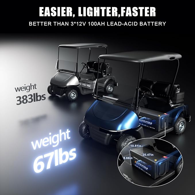 36V 105Ah LiFePO4 battery, built-in Bluetooth 200A BMS and LCD display, IP65 waterproof and dustproof, with 43.8V 25A lithium battery charger, peak current 1000A, perfect for golf carts