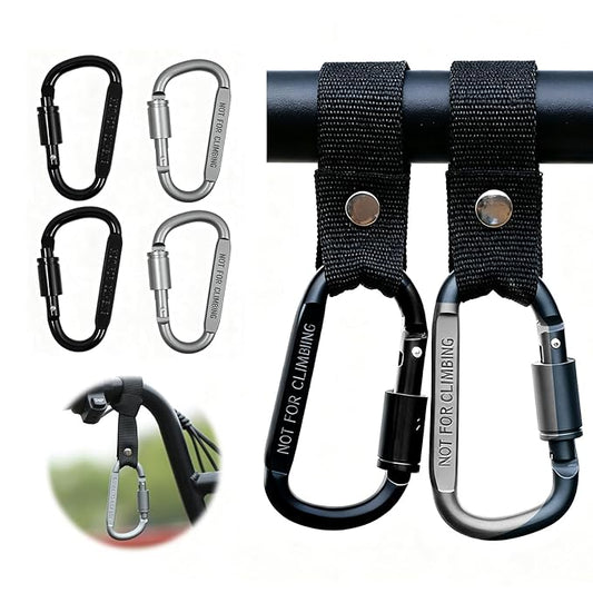 4 Pack Stroller Hooks, Carabiner Clips with Nylon Straps for Bicycle, Motorcycle, Wheelchair, Luggage, Scooter, Can be Used to Hang Diaper Bags, Helmets, Shopping Bags