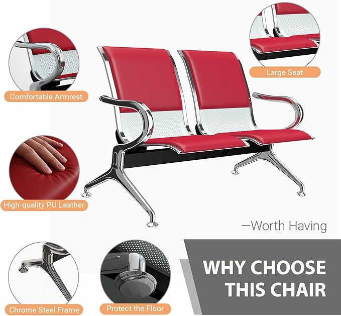 Kinfant Waiting Room Chairs with Arms – Red PU Leather Back & Cushioned Seat Heavy-Duty Steel Frame, Ergonomic Office Reception Guest Chair for Lobby, Clinic, Airport