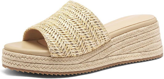 Platform Sandals Women Raffia Slip On Wedge Sandals,Comfortable Summer Wicker Espadrilles,Straw Beach Vacation Slides Shoes
