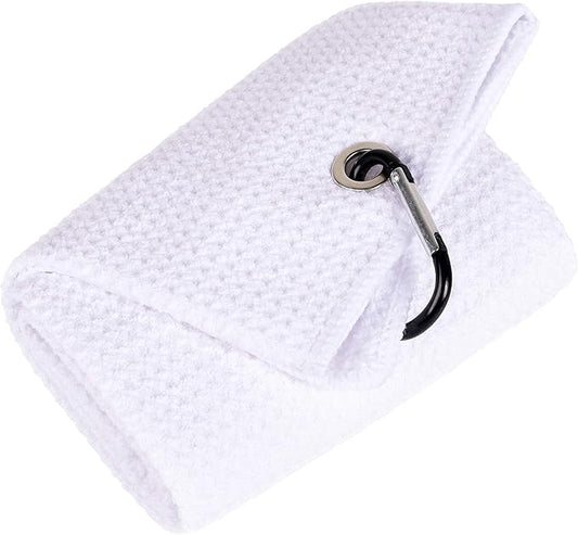Mile High Life Tri-fold Golf Towel | 16" X 24" | Premium Microfiber Fabric | Waffle Pattern | with Heavy Duty Carabiner Clip | for Men and Women (White)