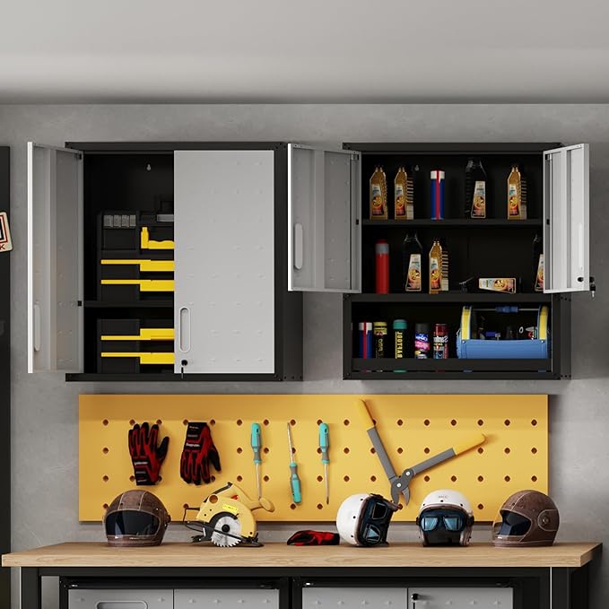 Metal Tool Cabinet,Garage Storage Cabinet System,Wall Cabinet & Locking Rolling Tool Cabinet with Doors and Adjustable Shelves,Steel Tool Cabinets for Home (2 Pcs-StyleA, Black & Grey)