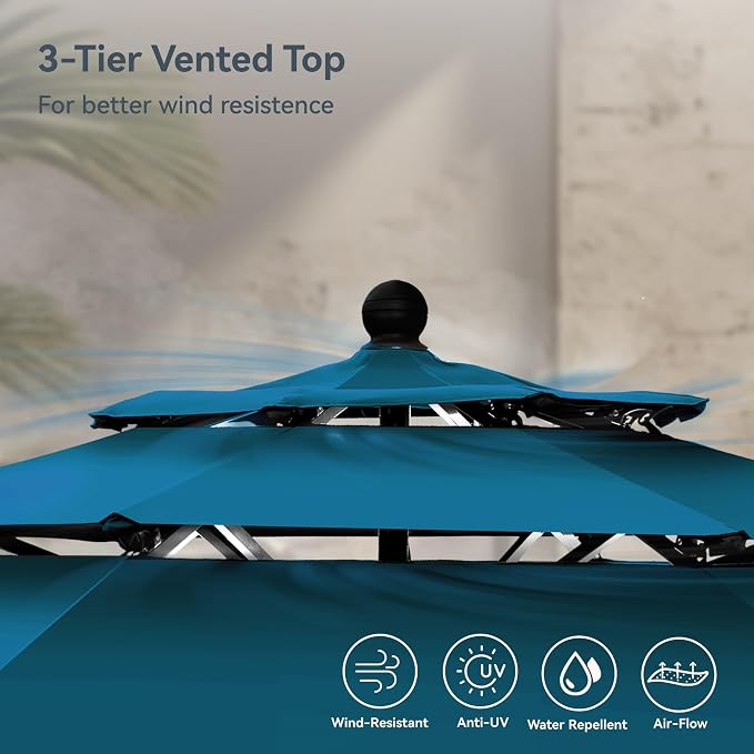 PHI VILLA 10ft Outdoor Patio Umbrellas, 3 Tier Vented Table Umbrella, Cyan | - Image 8