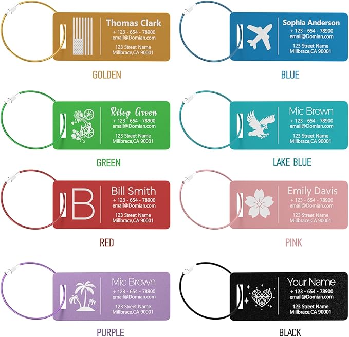 10 Personalized Metal Luggage Tags, Custom Suitcase Aluminum Name Tags with Steel Ring, Laser Engraved Name and Logo, for Travel, Backpack, Baggage, Golf Bag (Black)