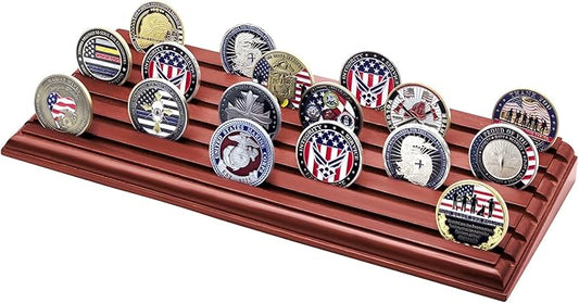 PiaoHao 6 Row Military Challenge Coin Display Case - Natural Solid Wood Stand Holds 30-45 Coins - Army Police Collectors Holder