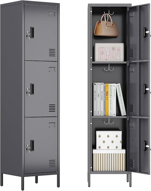 Aobabo 16" W 3 Door Metal Storage Locker with Lock, 66" H Steel Locker with Name Card Holder and Metal Hook for School, Home, Office, Playroom, Assembly Required, Dark Grey