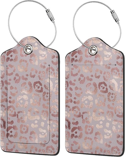 Gold Leopard Print Luggage Tags Set of 2 Leather Stainless Steel Loop Label Tag for Travel Bag Suitcase