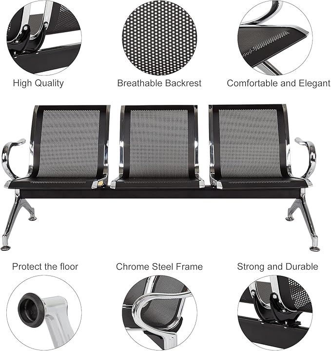 Kinfant Waiting Room Chair Bench - Guest Reception Chairs for Airport Hospital Bank Salon Barber Hall Room Conference (3-seat, Black-Mesh)